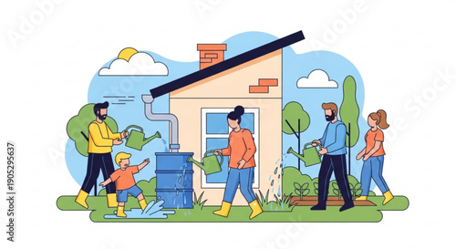 Family collecting rainwater from a barrel in their garden on a sunny day with lush greenery surrounding their home