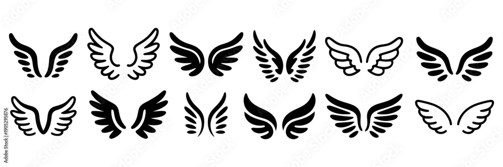 Fototapeta premium A diverse collection of outline style wing icons with various artistic designs.