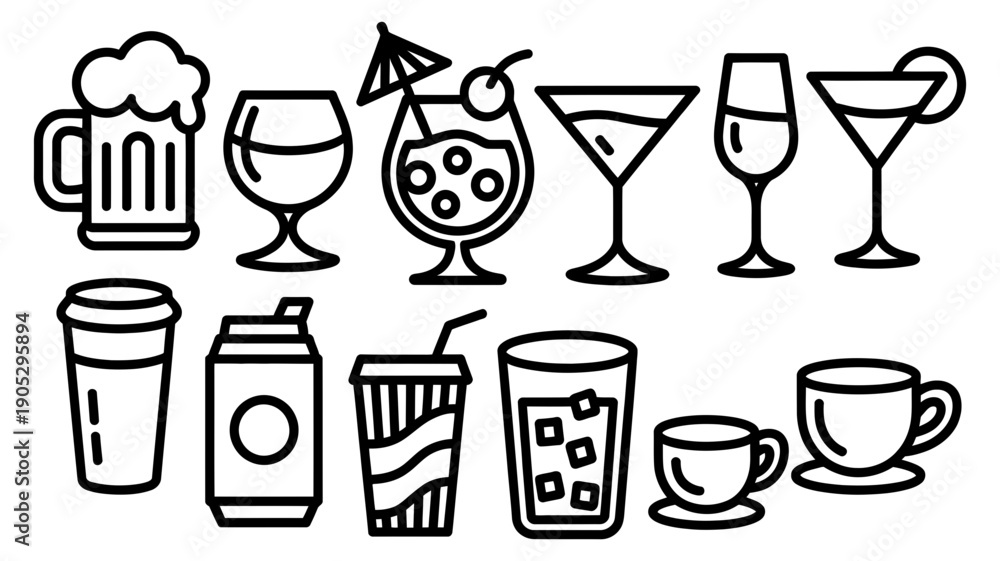Fototapeta premium Diverse assortment of outlined beverage containers for both alcoholic and non-alcoholic drinks