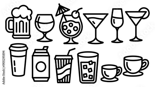 Diverse assortment of outlined beverage containers for both alcoholic and non-alcoholic drinks