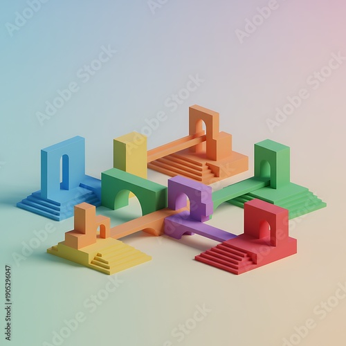 Isometric, colorful geometric structures with arches and stairs on pastel gradient background