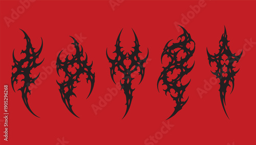 Cyber Sigilism Vector Ornaments. Black Gothic Tribal Shapes, Sharp Neo-Tribal Tattoo Elements, Abstract Edgy Graphic Assets for Streetwear and Dark Aesthetic Designs.