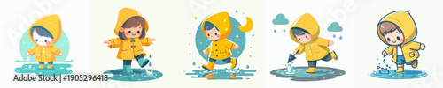 Cute Cartoon Child in Yellow Raincoat Splashing Water Puddle Illustration Set