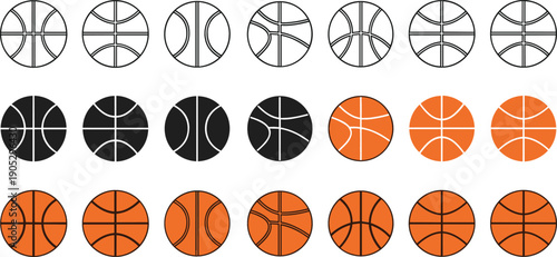 Comprehensive basketball icon set in outline silhouette and flat orange styles for sports app design and coaching infographics