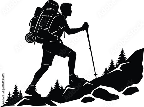 Black silhouette of man hiking mountain with backpack and trekking poles for outdoor adventure and wilderness exploration branding