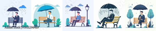 Minimalist Illustration of Man With Umbrella Sitting on Bench in the Rain Scene