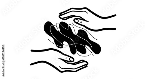 Abstract shape held by hands in a protective gesture.