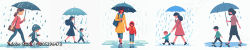 Flat Style Family Walk Under Umbrella in The Rain Illustration