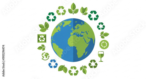 Earth surrounded by recycling symbols and green leaves on white background representing eco friendly and sustainable living concepts