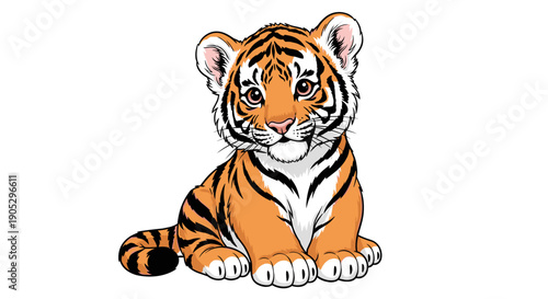 Adorable Cartoon Tiger Cub Sitting and Smiling.