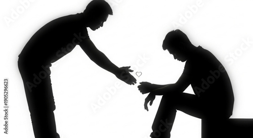 Man handing a ring to a kneeling person in a symbolic gesture of commitment or proposal, capturing an intimate moment between two people from a side viewpoint.
