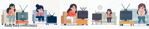 Flat Illustration of Woman Watching Television on Sofa Set in Living Room