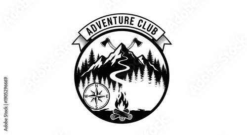Adventure Club Emblem with Mountain and Campfire.