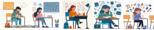 Cartoon Style Various Young Woman Study Illustration Set on Desk