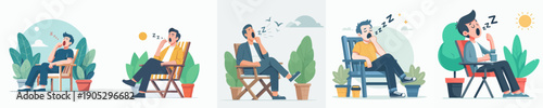 Flat Illustration of Sleepy Man Yawning on Chair Character Illustration