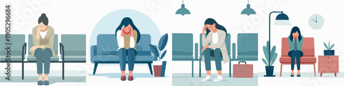 Flat Illustration of Depressed Woman in Waiting Room Scenarios