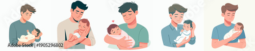 Modern Flat Illustration of a Dad Holding Newborn Baby in Various Poses