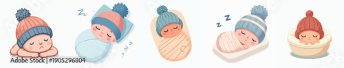 Cute Cartoon Sleeping Newborn Baby Illustration Set in Various Swaddles