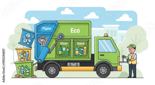 Eco friendly waste management truck with worker collecting recyclables in urban setting