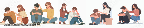Flat Illustration Sad Man Being Comforted by Woman Character Illustration