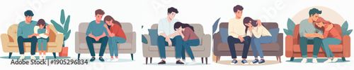 Flat Illustration of Empathetic People Comforting and Supporting Each Other on Sofa