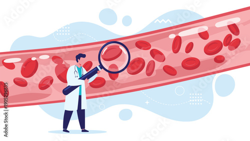 Medical specialist uses a magnifying glass to inspect red blood cells inside a human blood vessel representing hematology research.