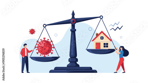 Large balance scale weighs a virus molecule against a house with two people on either side to show the pandemic impact on housing.