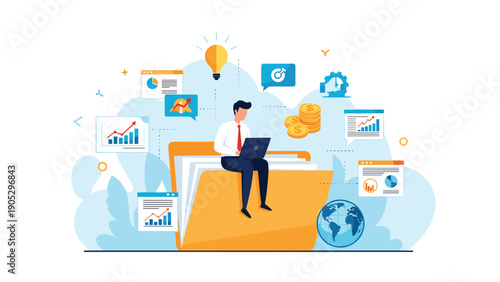 Businessman sits on top of a giant file folder while digital charts, graphs, and globe icons float around him during data analysis.