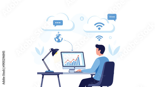 Professional man works at a desk with a monitor showing growth charts under cloud computing and wireless connectivity symbols.