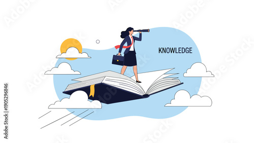 Ambitious businesswoman stands on a giant open book flying through the clouds while looking through a telescope for knowledge.