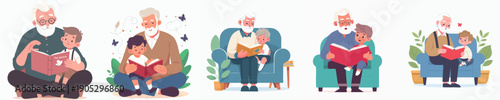Cute Flat Illustration of Grandparent Reading Book with Grandchild Character Design