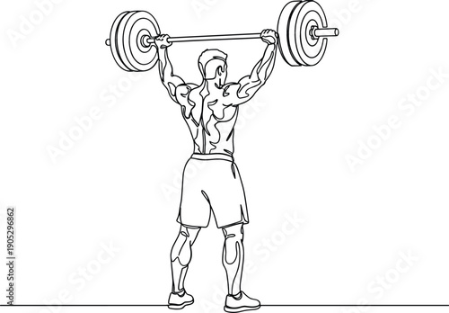 Continuous line art of male weightlifter performing overhead barbell press for gym fitness bodybuilding and strength training