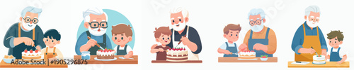 Illustrated Joyful Grandfather and Grandson Decorating Cake Together Culinary Activity