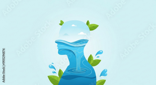 Blue glass bottle pouring water surrounded by green leaves on light blue background symbolizing eco friendly hydration and sustainability in a serene environment