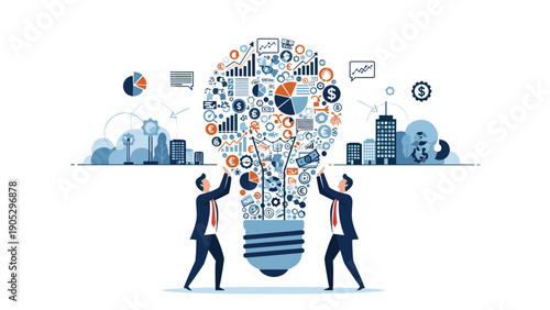 Two businessmen in suits hold up a massive light bulb filled with various financial icons and data charts for shared innovation.