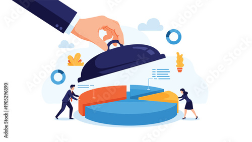 Large hand lifting silver platter cover to reveal colorful business pie chart being assembled by office employees representing transparency.