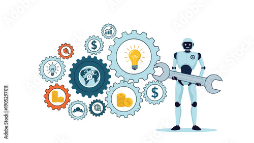 Industrial robot with large wrench standing next to interconnected gears with icons for money, global business, and innovative tech ideas.