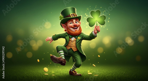 Lucky Leprechaun Dancing with Four Leaf Clover on Green Background