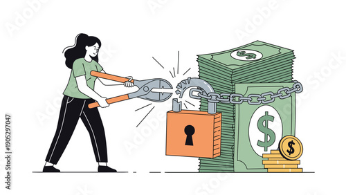 Determined young woman uses heavy duty bolt cutters to break the metal chain and lock on a large stack of money bills.