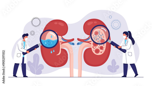 Two doctors wearing medical masks use magnifying glasses to examine different aspects of healthy and diseased kidneys.