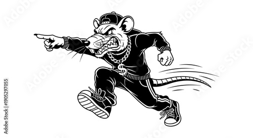 Aggressive Cartoon Rat Character in Hip Hop Attire.