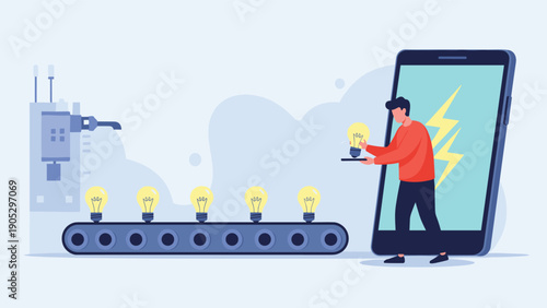 Innovative man emerges from a large smartphone screen holding a lightbulb as others move along an assembly line.