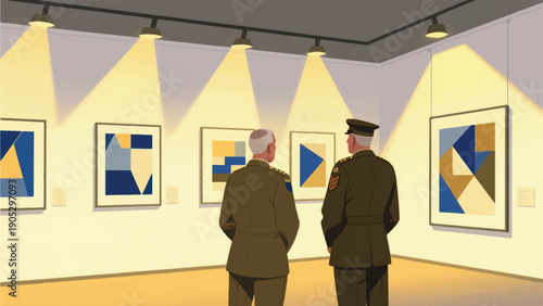 Illustration Of A Veteran Standing In A Photo Gallery, Observing Modern Artwork, Minimalist Gallery Lighting, Contrast Of Past And Present Vector Design Template