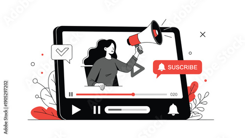 Content creator woman uses a megaphone to ask for subscribers while standing inside a video player screen on tablet.