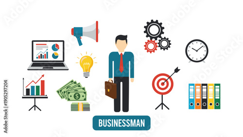 Successful businessman stands in the center of various icons for marketing, time, goals, finance, and creative ideas.