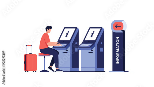 Traveler sits at an automated information kiosk with a laptop and suitcase at an airport for transport assistance.