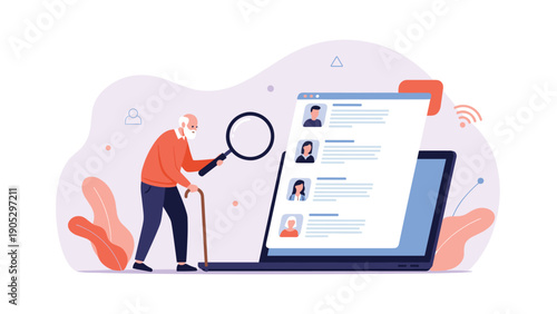 Elderly man with a walking cane uses a magnifying glass to look at social media profiles on a large laptop computer.