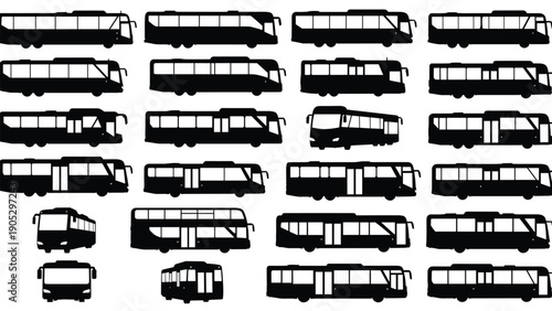 Collection of various black silhouettes showing different types of city buses and transport vehicles for commuters.