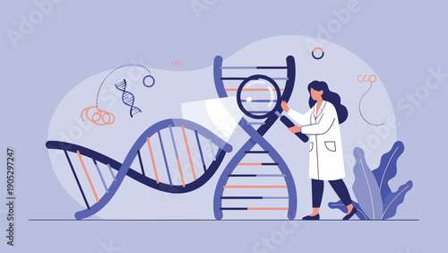 Female scientist in a white lab coat uses a magnifying glass to inspect a large double helix DNA strand model in a lab.