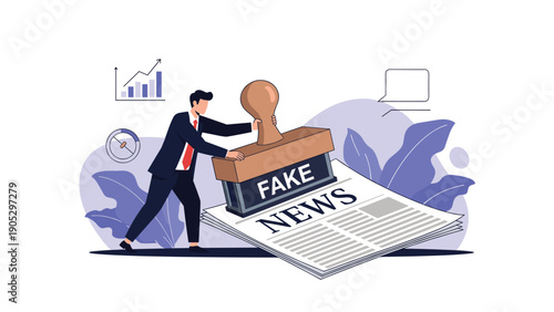 Businessman uses a large wooden stamp to mark a newspaper with the word fake to stop the spread of misinformation.